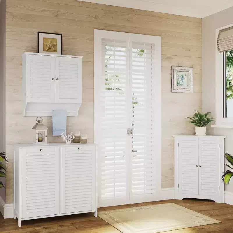 Meuble à Linge Double RiverRidge Ellsworth avec Poubelle Basculante et Sac de Rangement en Tissu Amovible - Blanc