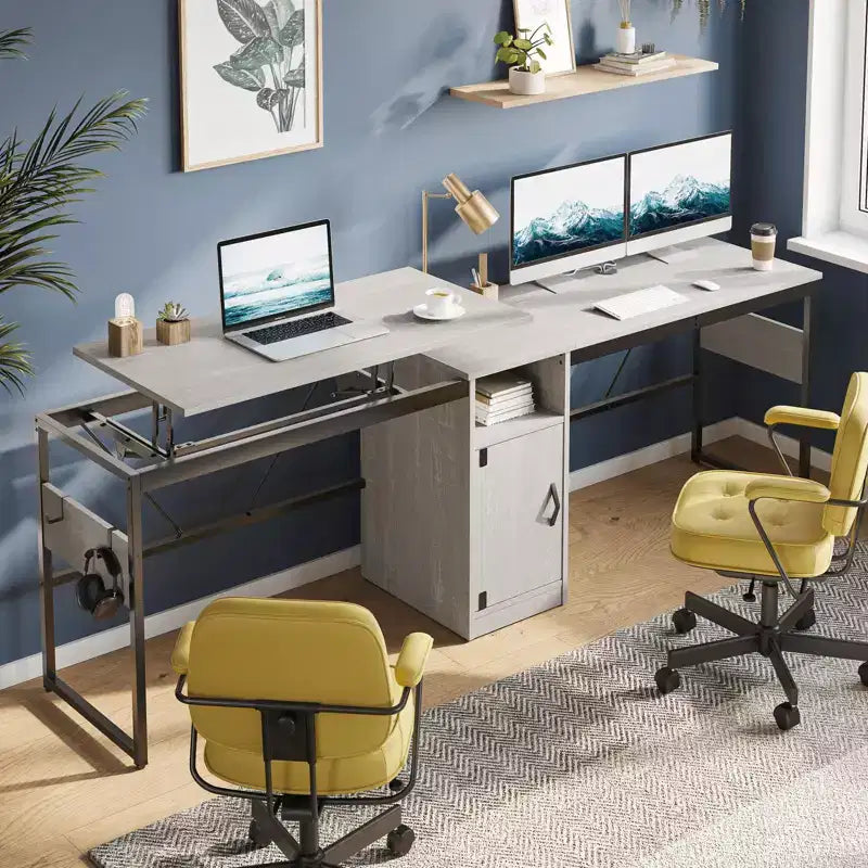 Bestier Bureau debout polyvalent en forme de L de 60 pouces, réglable en hauteur (30-39H) de la position assise à debout pour le bureau à domicile avec armoire de rangement et crochets