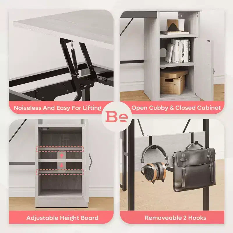 Bestier Bureau debout polyvalent en forme de L de 60 pouces, réglable en hauteur (30-39H) de la position assise à debout pour le bureau à domicile avec armoire de rangement et crochets