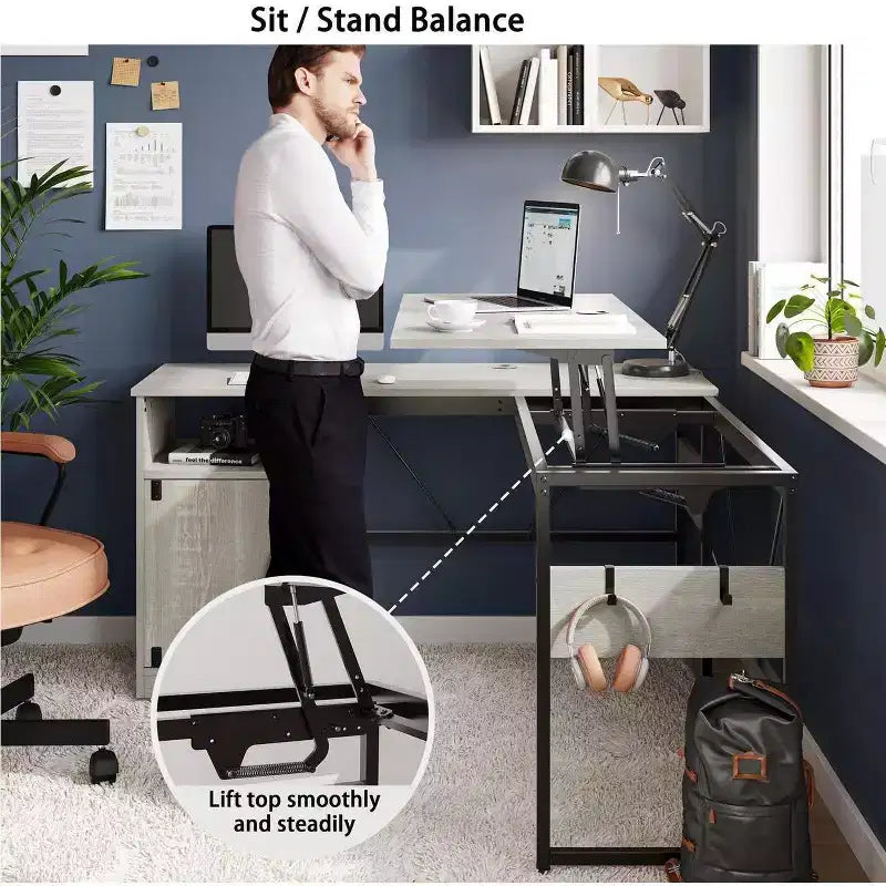 Bestier Bureau debout polyvalent en forme de L de 60 pouces, réglable en hauteur (30-39H) de la position assise à debout pour le bureau à domicile avec armoire de rangement et crochets