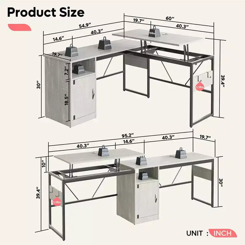 Bestier Bureau debout polyvalent en forme de L de 60 pouces, réglable en hauteur (30-39H) de la position assise à debout pour le bureau à domicile avec armoire de rangement et crochets
