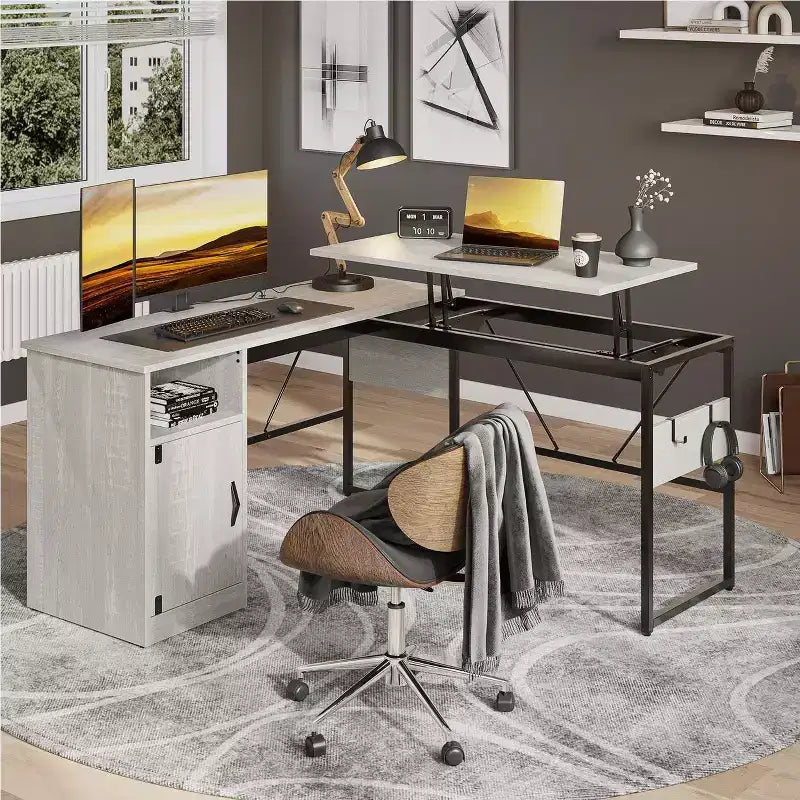 Bestier Bureau debout polyvalent en forme de L de 60 pouces, réglable en hauteur (30-39H) de la position assise à debout pour le bureau à domicile avec armoire de rangement et crochets