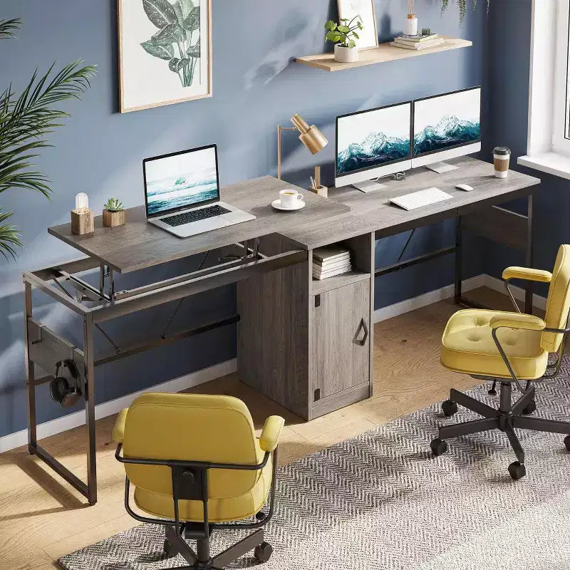 Bestier Bureau debout polyvalent en forme de L de 60 pouces, réglable en hauteur (30-39H) de la position assise à debout pour le bureau à domicile avec armoire de rangement et crochets