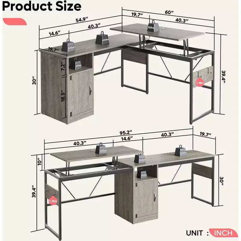 Bestier Bureau debout polyvalent en forme de L de 60 pouces, réglable en hauteur (30-39H) de la position assise à debout pour le bureau à domicile avec armoire de rangement et crochets