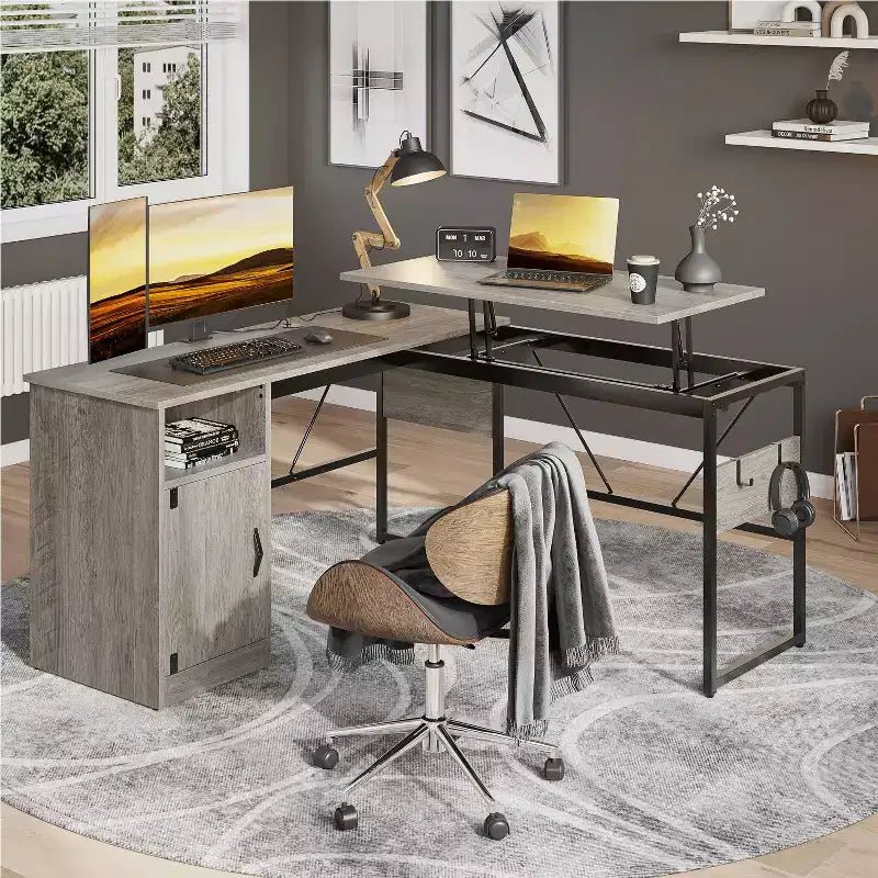 Bestier Bureau debout polyvalent en forme de L de 60 pouces, réglable en hauteur (30-39H) de la position assise à debout pour le bureau à domicile avec armoire de rangement et crochets