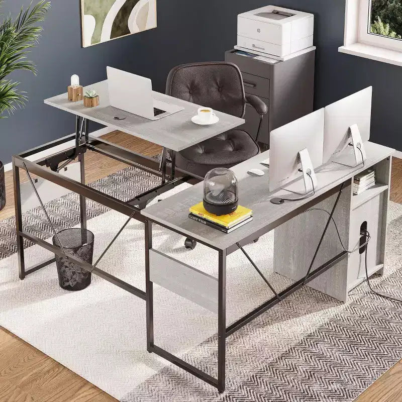 Bestier Bureau debout polyvalent en forme de L de 60 pouces, réglable en hauteur (30-39H) de la position assise à debout pour le bureau à domicile avec armoire de rangement et crochets