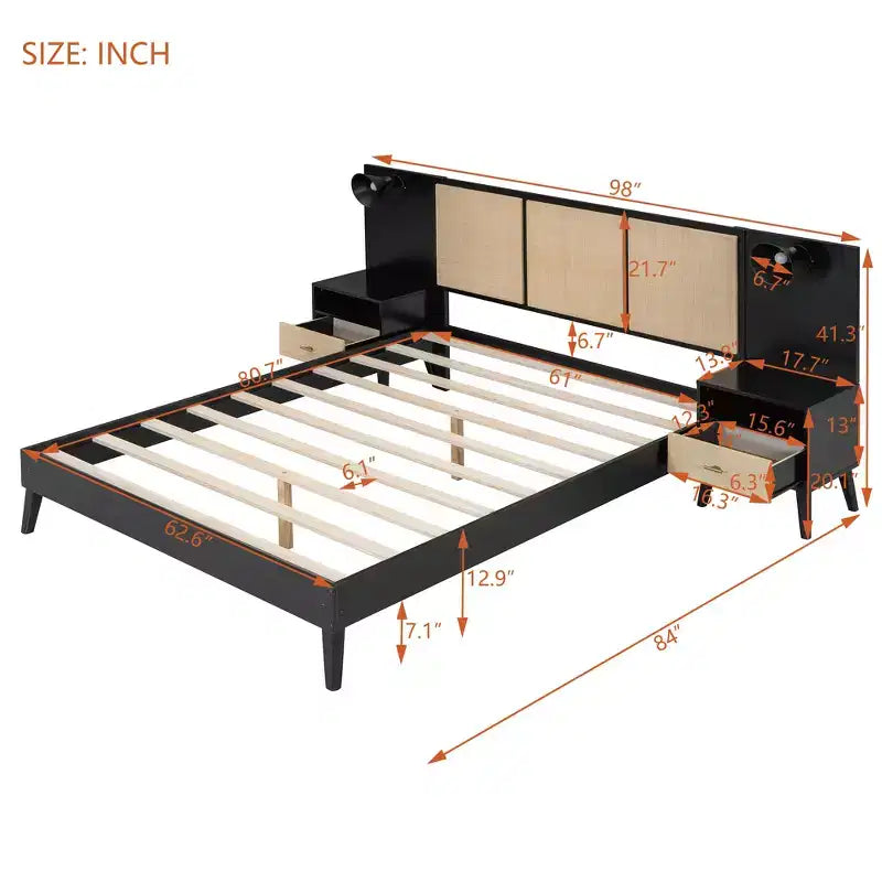 Cadre de lit Whisen Queen Size en bois massif avec 2 tables de chevet