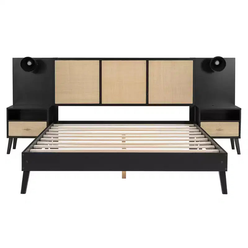 Cadre de lit Whisen Queen Size en bois massif avec 2 tables de chevet