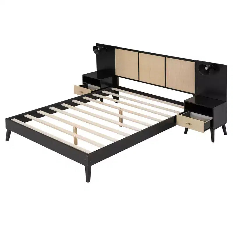 Cadre de lit Whisen Queen Size en bois massif avec 2 tables de chevet