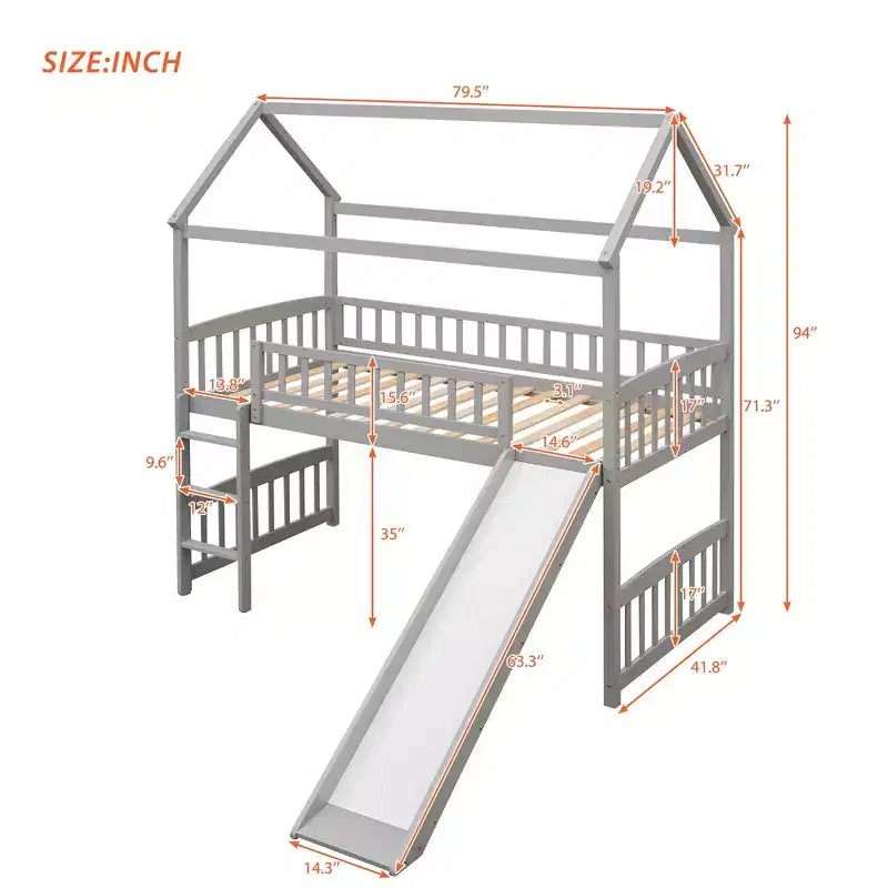 Whisen 79,5L x 41,8W Lit mezzanine moderne taille double avec toboggan