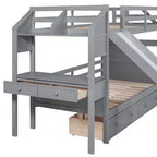 Lit superposé Whisen double sur double avec escalier de rangement, toboggan et tiroirs, bureau avec tiroirs et étagères