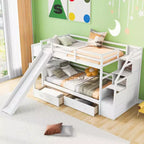 Lit superposé Whisen double sur double avec escalier de rangement, toboggan et tiroirs, bureau avec tiroirs et étagères