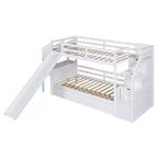 Lit superposé Whisen double sur double avec escalier de rangement, toboggan et tiroirs, bureau avec tiroirs et étagères