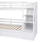 Lit superposé Whisen double sur double avec escalier de rangement, toboggan et tiroirs, bureau avec tiroirs et étagères