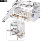 Lit superposé Whisen double sur double avec escalier de rangement, toboggan et tiroirs, bureau avec tiroirs et étagères