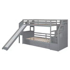 Lit superposé Whisen double sur double avec escalier de rangement, toboggan et tiroirs, bureau avec tiroirs et étagères