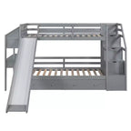 Lit superposé Whisen double sur double avec escalier de rangement, toboggan et tiroirs, bureau avec tiroirs et étagères