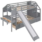 Lit superposé Whisen double sur double avec escalier de rangement, toboggan et tiroirs, bureau avec tiroirs et étagères