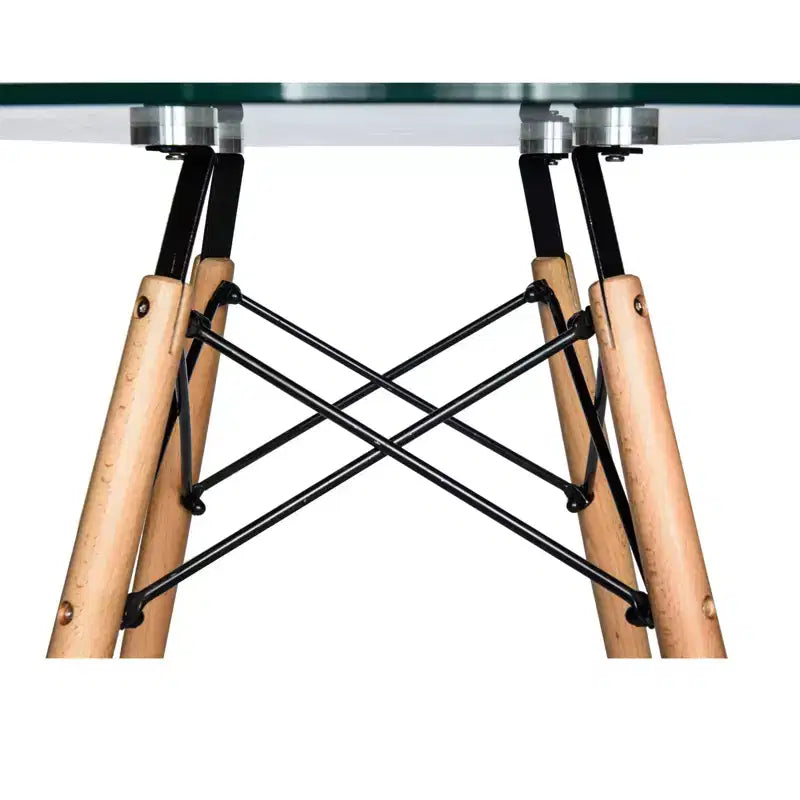 Table de bistrot ronde LeisureMod Dover de 31 po - Table à manger moderne du milieu du siècle avec plateau en verre trempé ou en bois MDF et piètement Eiffel en bois naturel