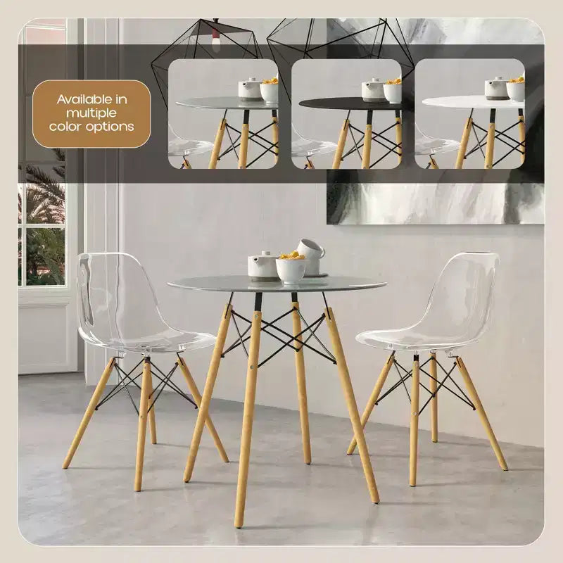 Table de bistrot ronde LeisureMod Dover de 31 po - Table à manger moderne du milieu du siècle avec plateau en verre trempé ou en bois MDF et piètement Eiffel en bois naturel