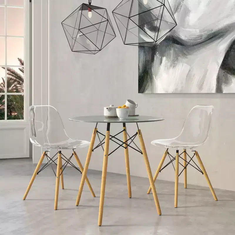 Table de bistrot ronde LeisureMod Dover de 31 po - Table à manger moderne du milieu du siècle avec plateau en verre trempé ou en bois MDF et piètement Eiffel en bois naturel