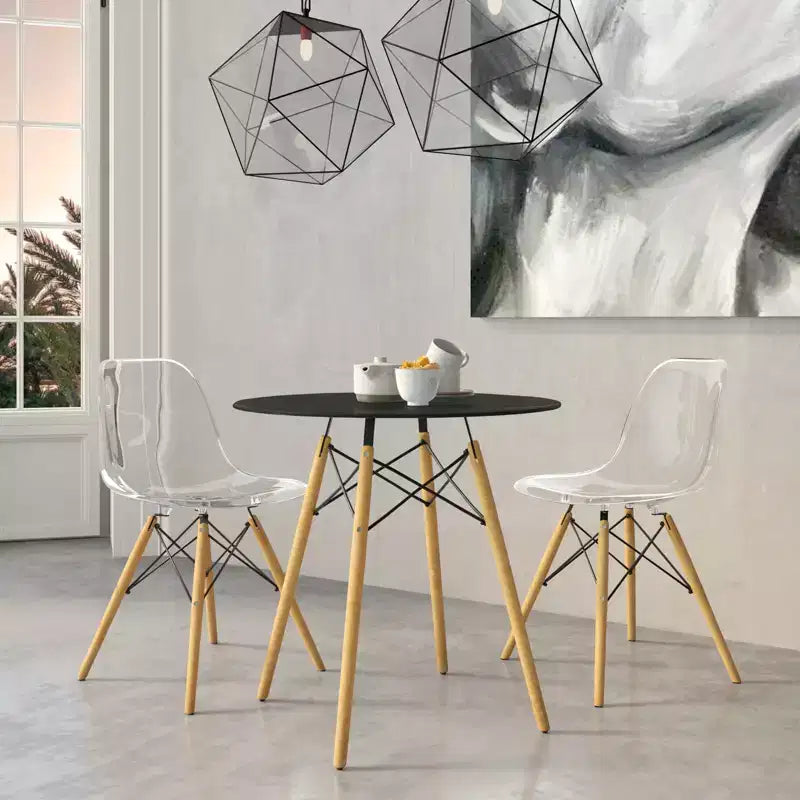 Table de bistrot ronde LeisureMod Dover de 31 po - Table à manger moderne du milieu du siècle avec plateau en verre trempé ou en bois MDF et piètement Eiffel en bois naturel