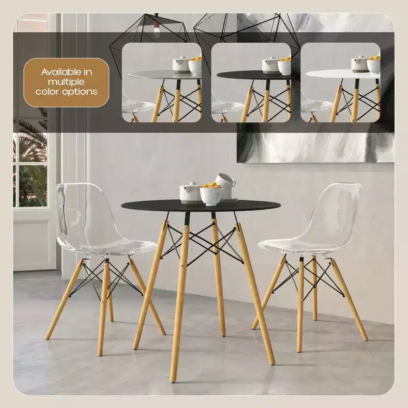 Table de bistrot ronde LeisureMod Dover de 31 po - Table à manger moderne du milieu du siècle avec plateau en verre trempé ou en bois MDF et piètement Eiffel en bois naturel