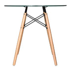Table de bistrot ronde LeisureMod Dover de 31 po - Table à manger moderne du milieu du siècle avec plateau en verre trempé ou en bois MDF et piètement Eiffel en bois naturel