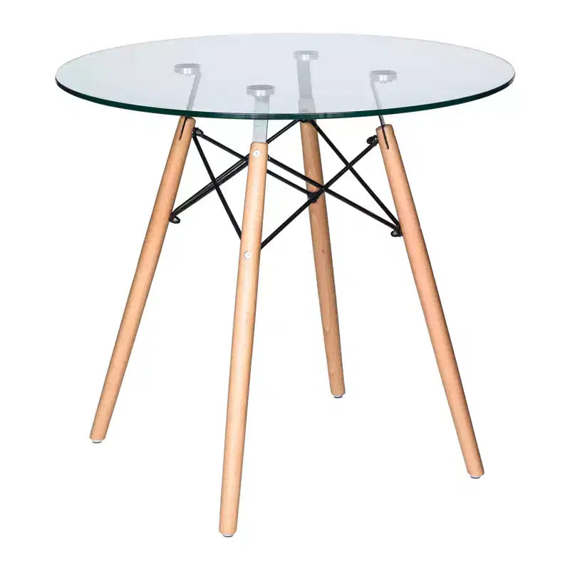 Table de bistrot ronde LeisureMod Dover de 31 po - Table à manger moderne du milieu du siècle avec plateau en verre trempé ou en bois MDF et piètement Eiffel en bois naturel