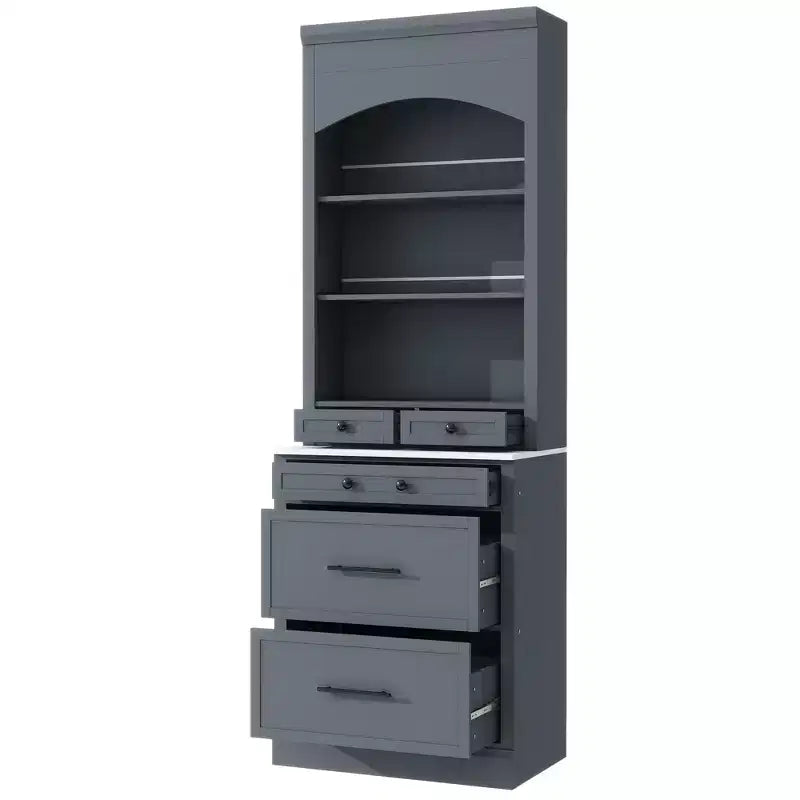 Garde-manger de cuisine de 83,7 H, Armoire de cuisine autonome avec plateau en faux marbre, Armoire avec 5 tiroirs et étagère réglable - ModernLuxe
