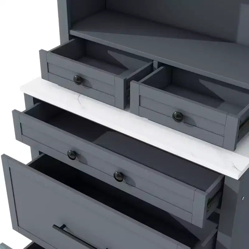 Garde-manger de cuisine de 83,7 H, Armoire de cuisine autonome avec plateau en faux marbre, Armoire avec 5 tiroirs et étagère réglable - ModernLuxe