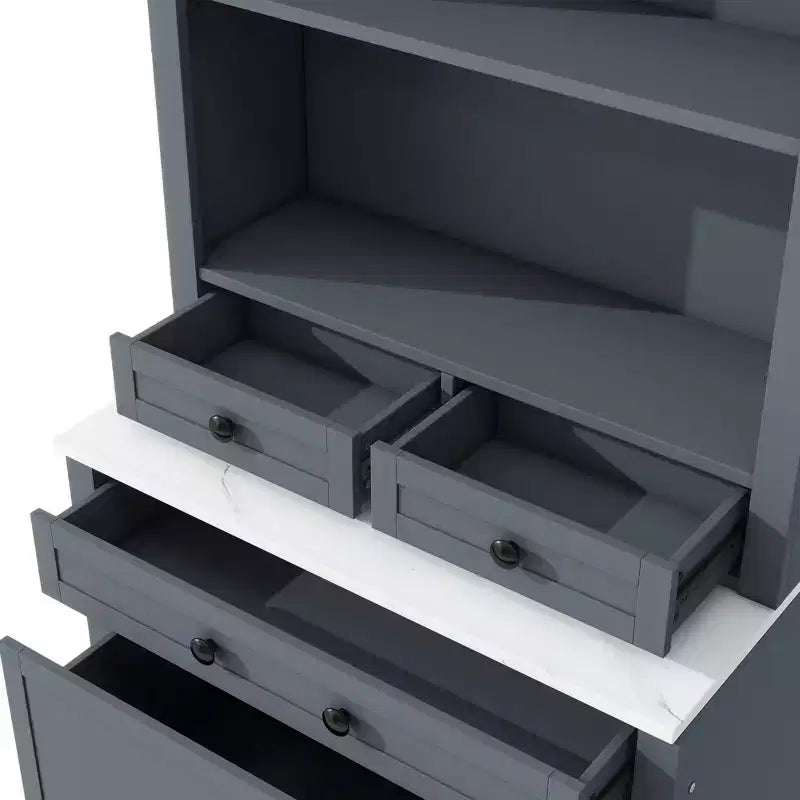 Garde-manger de cuisine de 83,7 H, Armoire de cuisine autonome avec plateau en faux marbre, Armoire avec 5 tiroirs et étagère réglable - ModernLuxe