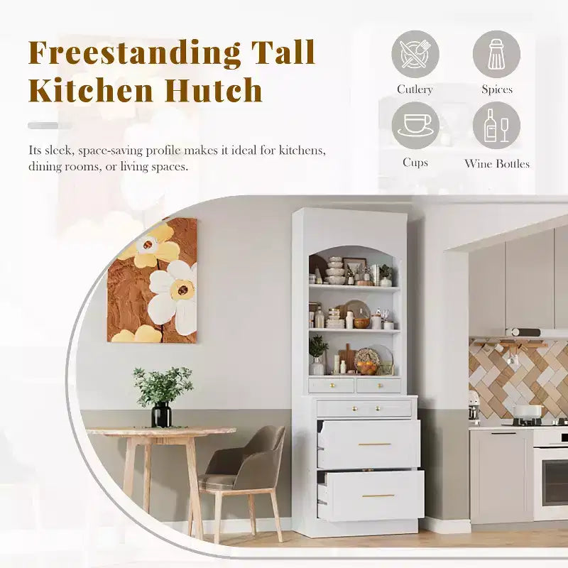Garde-manger de cuisine de 83,7 H, Armoire de cuisine autonome avec plateau en faux marbre, Armoire avec 5 tiroirs et étagère réglable - ModernLuxe