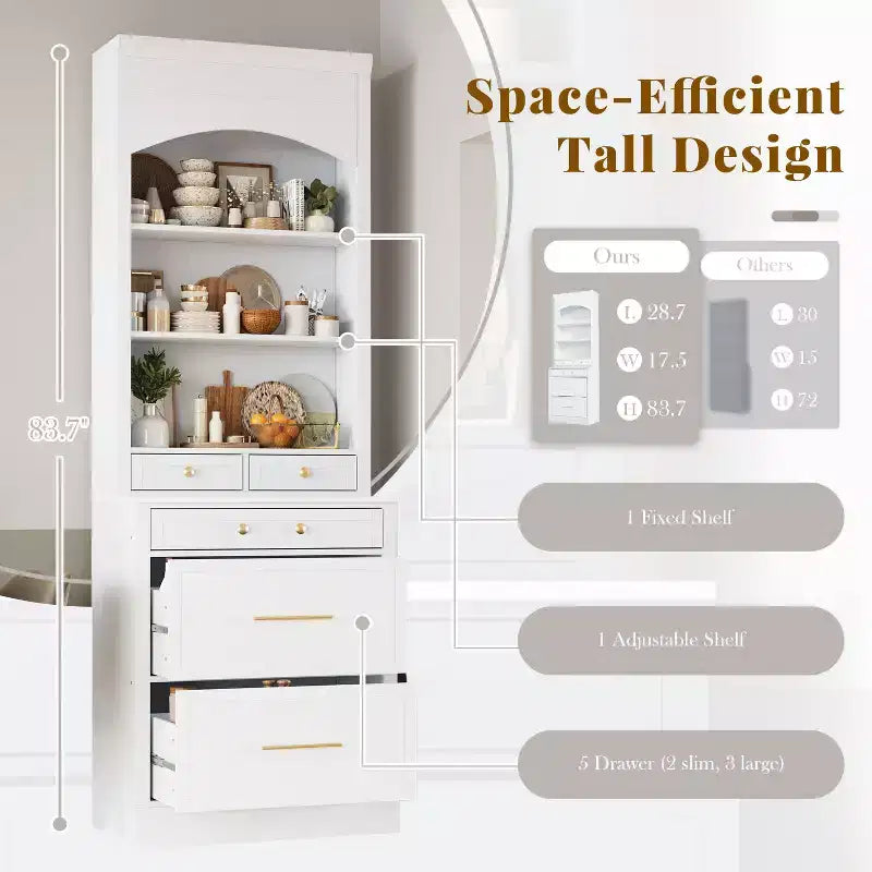 Garde-manger de cuisine de 83,7 H, Armoire de cuisine autonome avec plateau en faux marbre, Armoire avec 5 tiroirs et étagère réglable - ModernLuxe