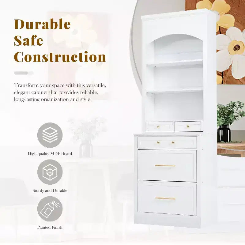 Garde-manger de cuisine de 83,7 H, Armoire de cuisine autonome avec plateau en faux marbre, Armoire avec 5 tiroirs et étagère réglable - ModernLuxe