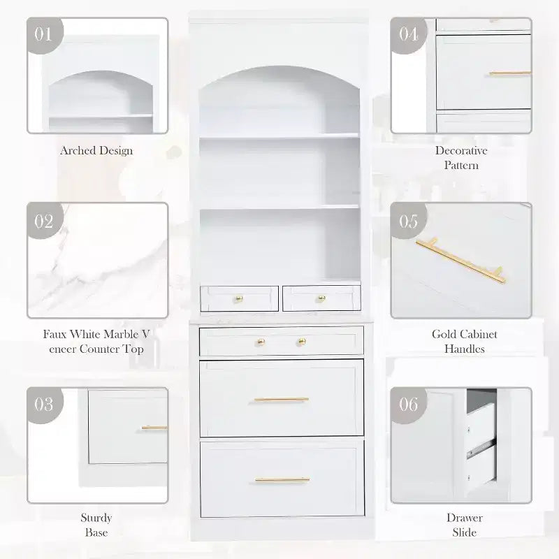 Garde-manger de cuisine de 83,7 H, Armoire de cuisine autonome avec plateau en faux marbre, Armoire avec 5 tiroirs et étagère réglable - ModernLuxe