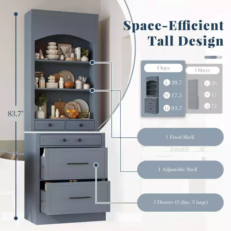 Garde-manger de cuisine de 83,7 H, Armoire de cuisine autonome avec plateau en faux marbre, Armoire avec 5 tiroirs et étagère réglable - ModernLuxe