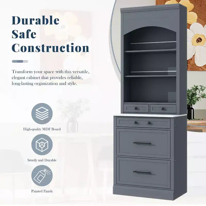 Garde-manger de cuisine de 83,7 H, Armoire de cuisine autonome avec plateau en faux marbre, Armoire avec 5 tiroirs et étagère réglable - ModernLuxe