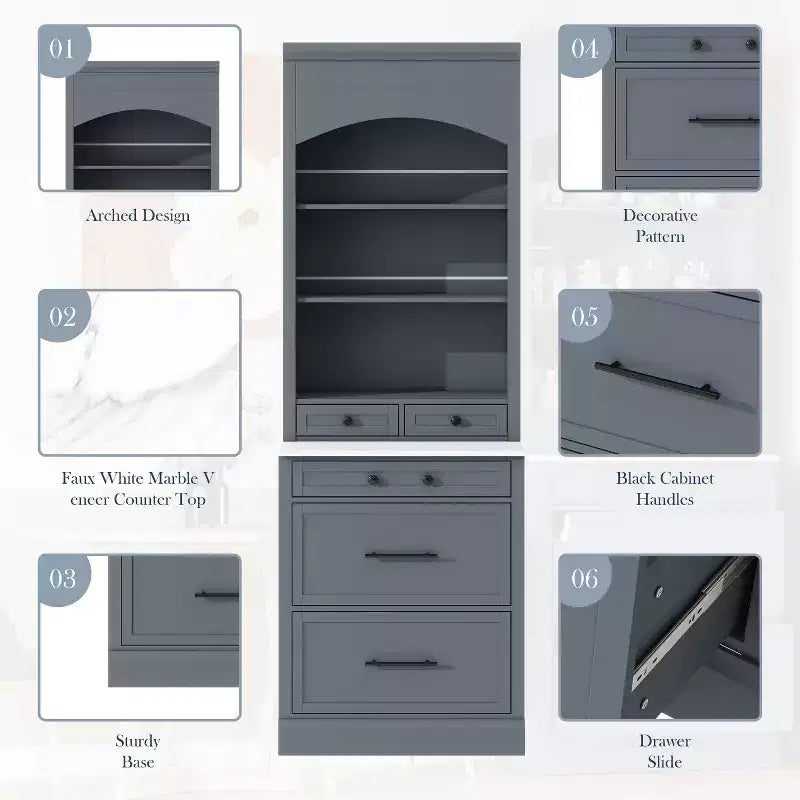 Garde-manger de cuisine de 83,7 H, Armoire de cuisine autonome avec plateau en faux marbre, Armoire avec 5 tiroirs et étagère réglable - ModernLuxe