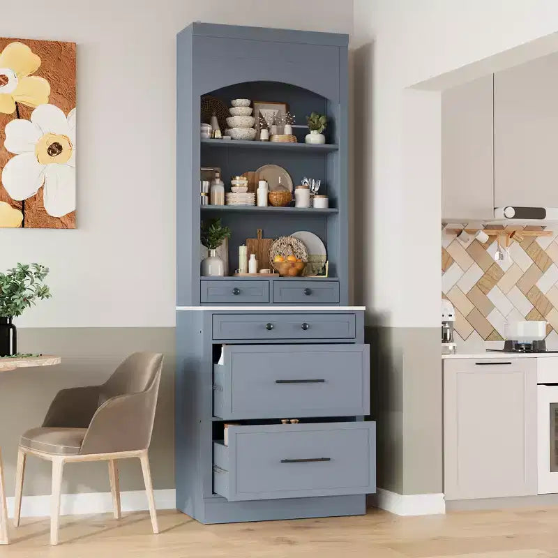 Garde-manger de cuisine de 83,7 H, Armoire de cuisine autonome avec plateau en faux marbre, Armoire avec 5 tiroirs et étagère réglable - ModernLuxe