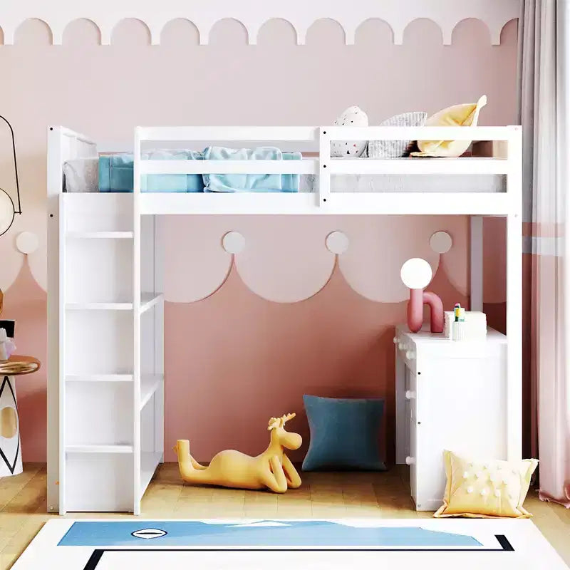 Lit mezzanine double/grand format avec échelle, étagères et bureau avec tiroirs - ModernLuxe