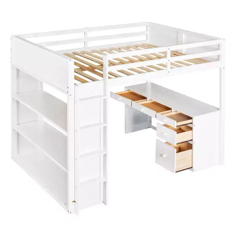 Lit mezzanine double/grand format avec échelle, étagères et bureau avec tiroirs - ModernLuxe