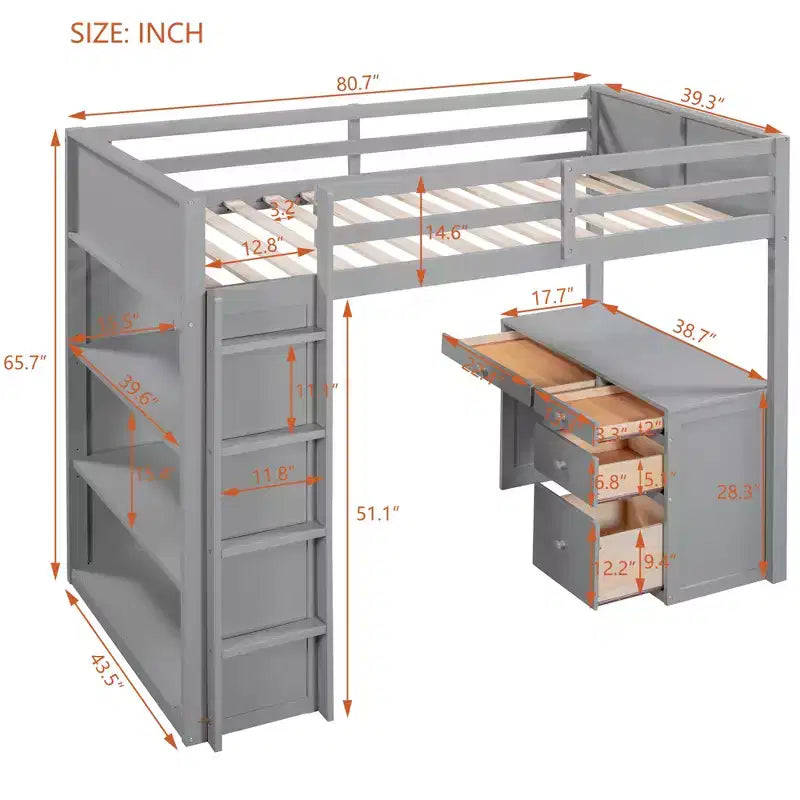 Lit mezzanine double/grand format avec échelle, étagères et bureau avec tiroirs - ModernLuxe
