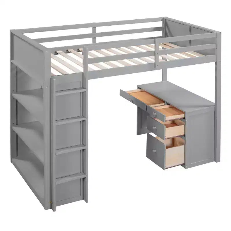 Lit mezzanine double/grand format avec échelle, étagères et bureau avec tiroirs - ModernLuxe
