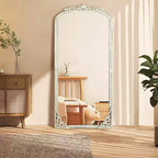 Miroir psyché sculpté en bois massif avec fleurs, droit, micro-courbé, blanc vieilli 170x70x2cm (sans support)