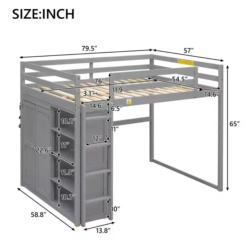 Lit mezzanine Whisen 79,5''L 57,0''l en bois, taille double, avec armoire intégrée, étagères de rangement et lumière LED