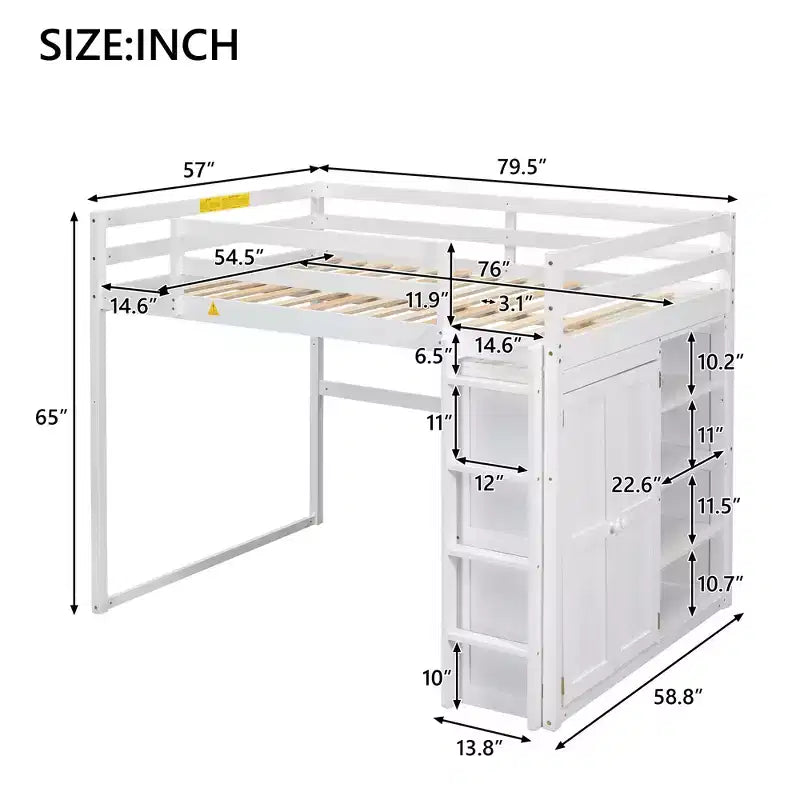 Lit mezzanine Whisen 79,5''L 57,0''l en bois, taille double, avec armoire intégrée, étagères de rangement et lumière LED