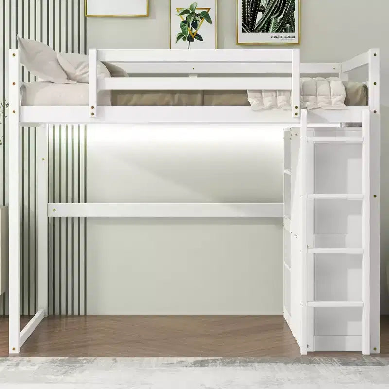 Lit mezzanine Whisen 79,5''L 57,0''l en bois, taille double, avec armoire intégrée, étagères de rangement et lumière LED