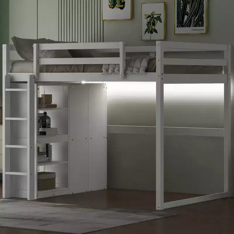 Lit mezzanine Whisen 79,5''L 57,0''l en bois, taille double, avec armoire intégrée, étagères de rangement et lumière LED