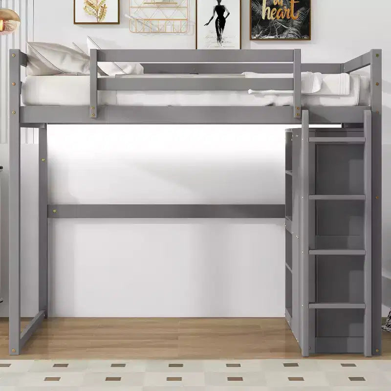 Lit mezzanine Whisen 79,5''L 57,0''l en bois, taille double, avec armoire intégrée, étagères de rangement et lumière LED